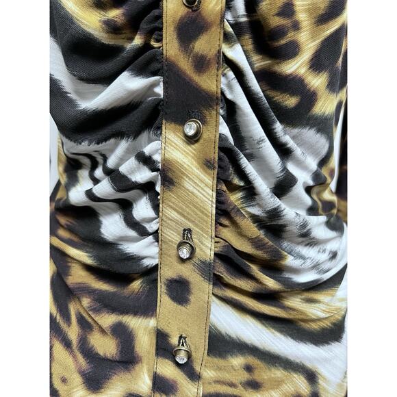 VTG 90s Top Womens Leopard Print Animal Cheetah Medium V-neck 70s Style Collar - Picture 3 of 15